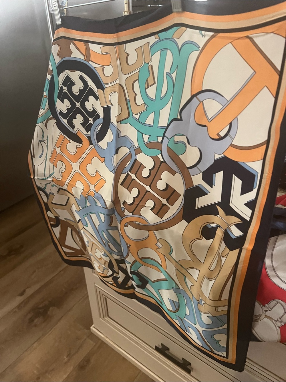 Silk Patterned Logo-Print Scarf in Cream, Orange, Teal & Navy! NWOT!